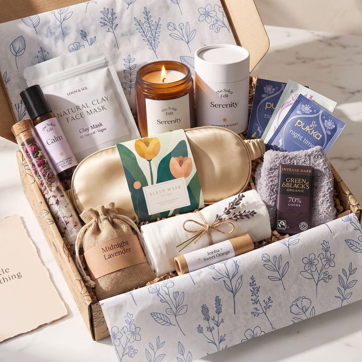 A calm-ritual gift box of bath and skincare pieces, packed and ready